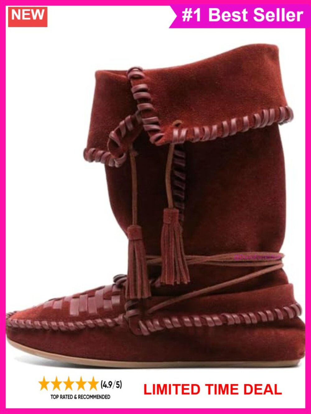 Faux Suede Slouchy Mid Calf Lace Up Tassel Flat Boots Boho Women's